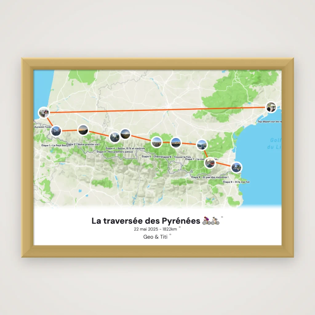 Poster road trip personnalisé : la traversée des Pyrénées à vélo