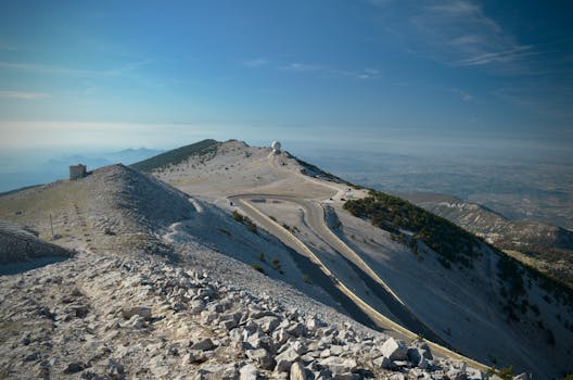 Breathtaking landscape of Mont Ventoux with winding road and clear sky, ideal for cycling and adventure.