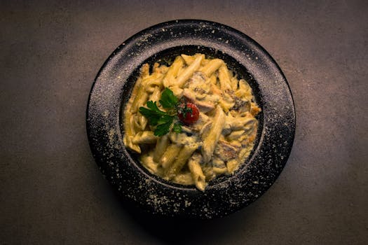 Delicious creamy mushroom pasta in a dark bowl, garnished with parsley and cherry tomato.