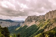 Stunning landscape of cliffs and greenery in Chamonix, France, under dramatic skies.