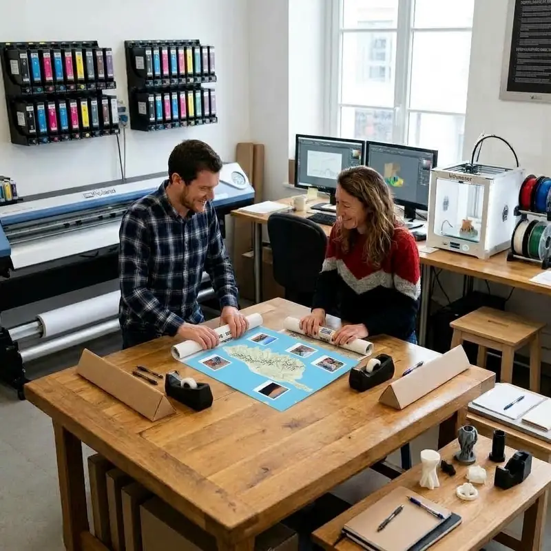 Mathilde et Matthias préparent un poster personnalisé du GR20 dans l'atelier The Post Trace à Lyon